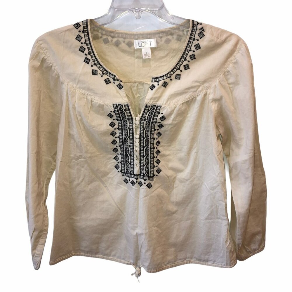 Ann Taylor LOFT Size 6 Cream Embroidered Long Sleeve Bohemian Blouse Top Shirt